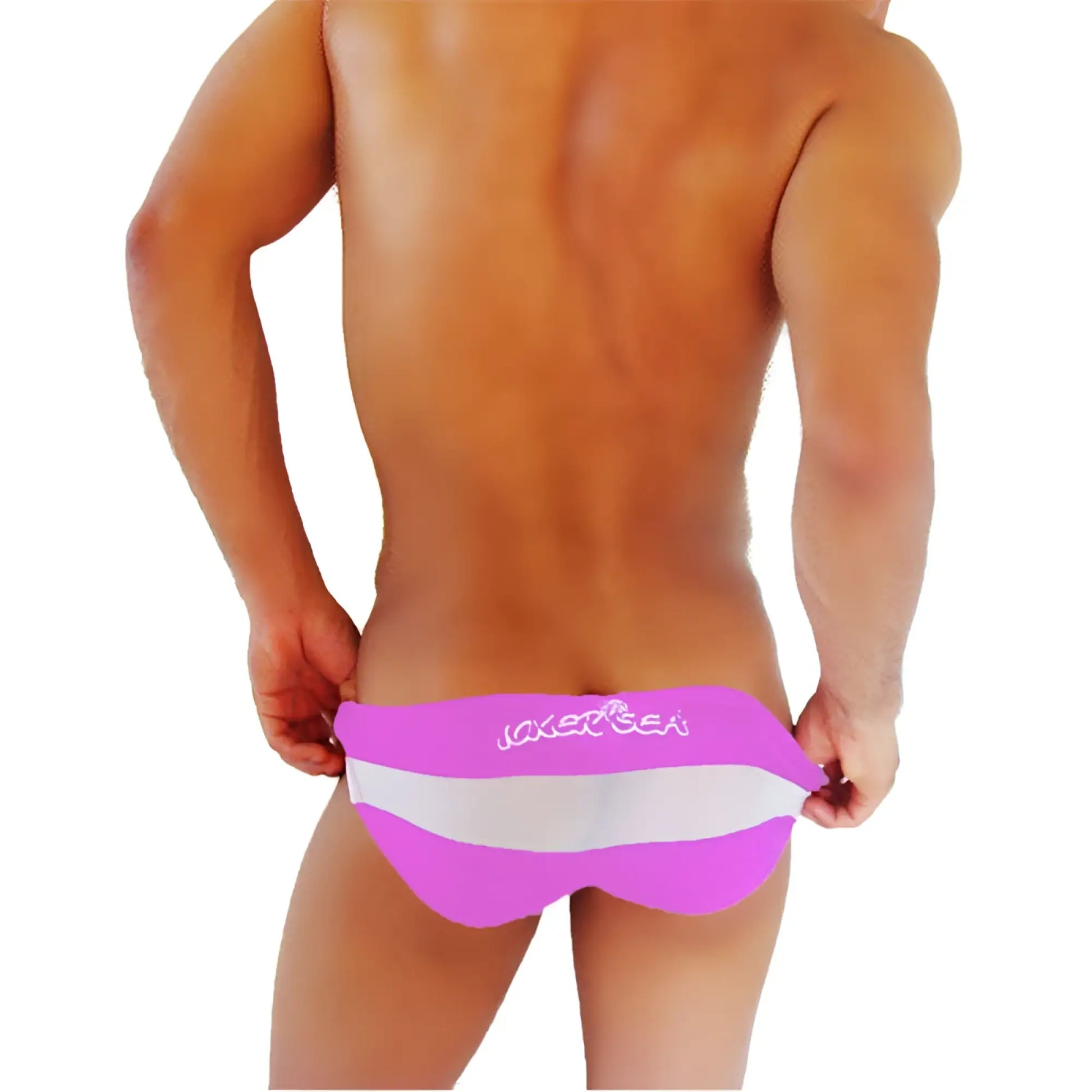 Bright pink and white striped men’s swim trunks with jaker sea logo featured in icker sea transparent panel slip bikini underwear pink coi 16 22