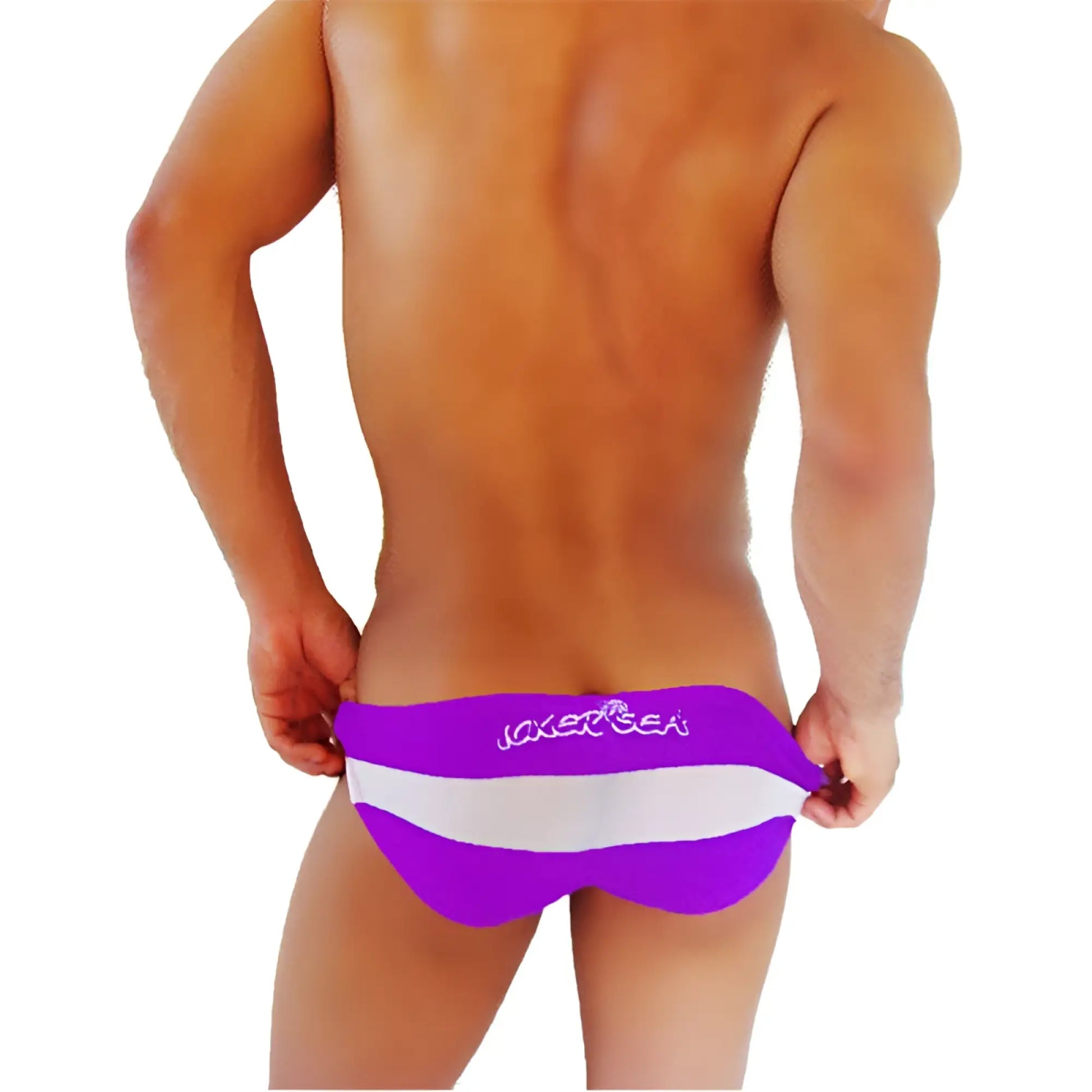 Purple and white striped men’s swim trunks with jack and sea logo in white script for beachwear and swimming