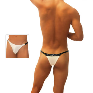 Icker sea trapezoid thong underwear in white with black trim and subtle logo on waistband shown from back side