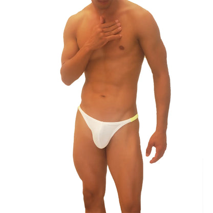 Icker Sea trapezoid thong underwear in white with bright yellow trim featuring a back side view