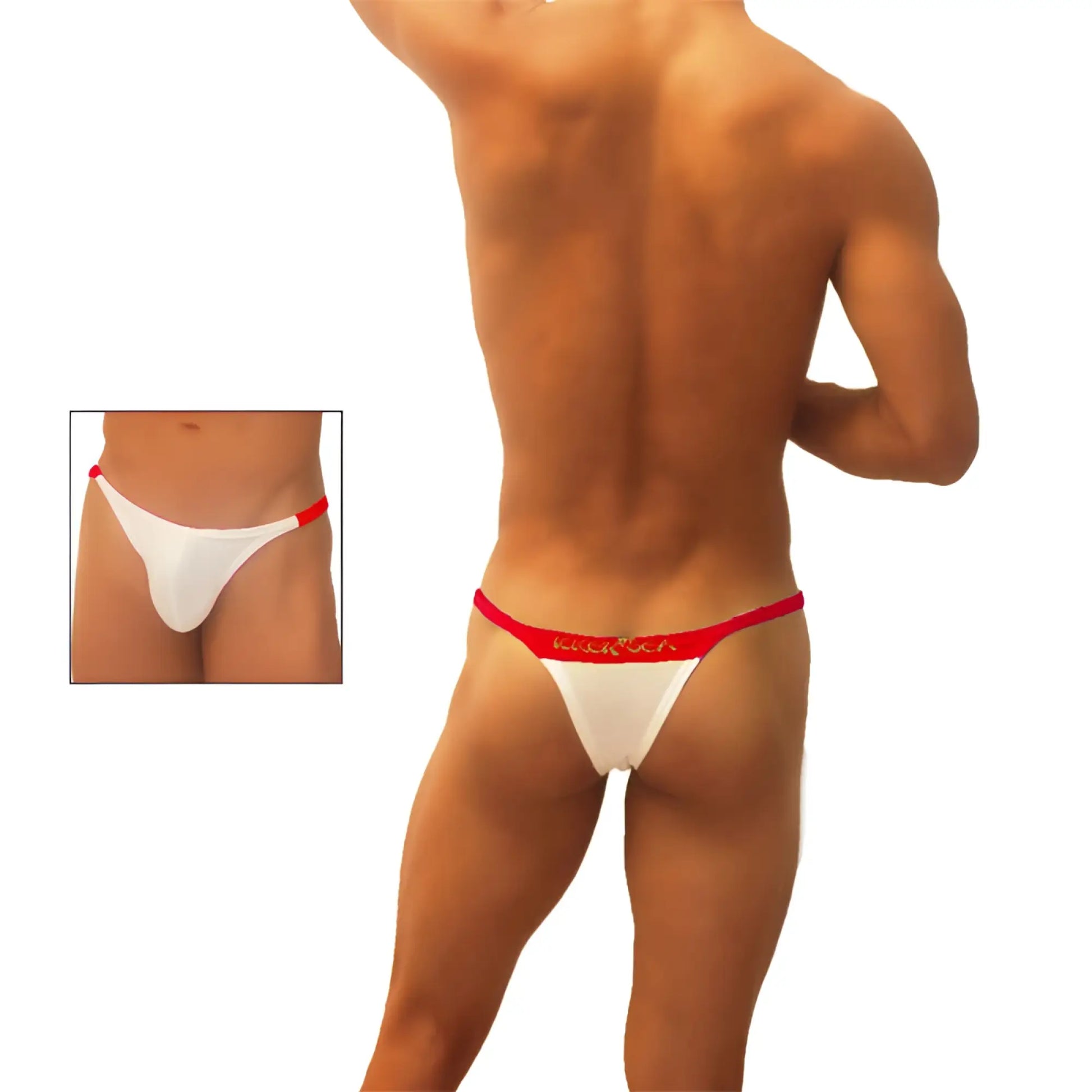 White Icker Sea trapezoid thong underwear with red trim and gold lettering in a lightweight, breathable fabric