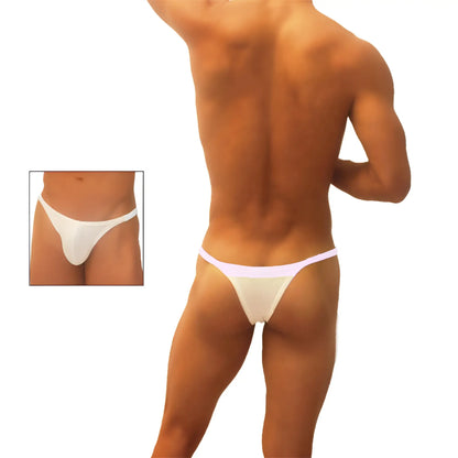 White icker sea trapezoid thong underwear with thin seamless design and subtle lavender trim, front view