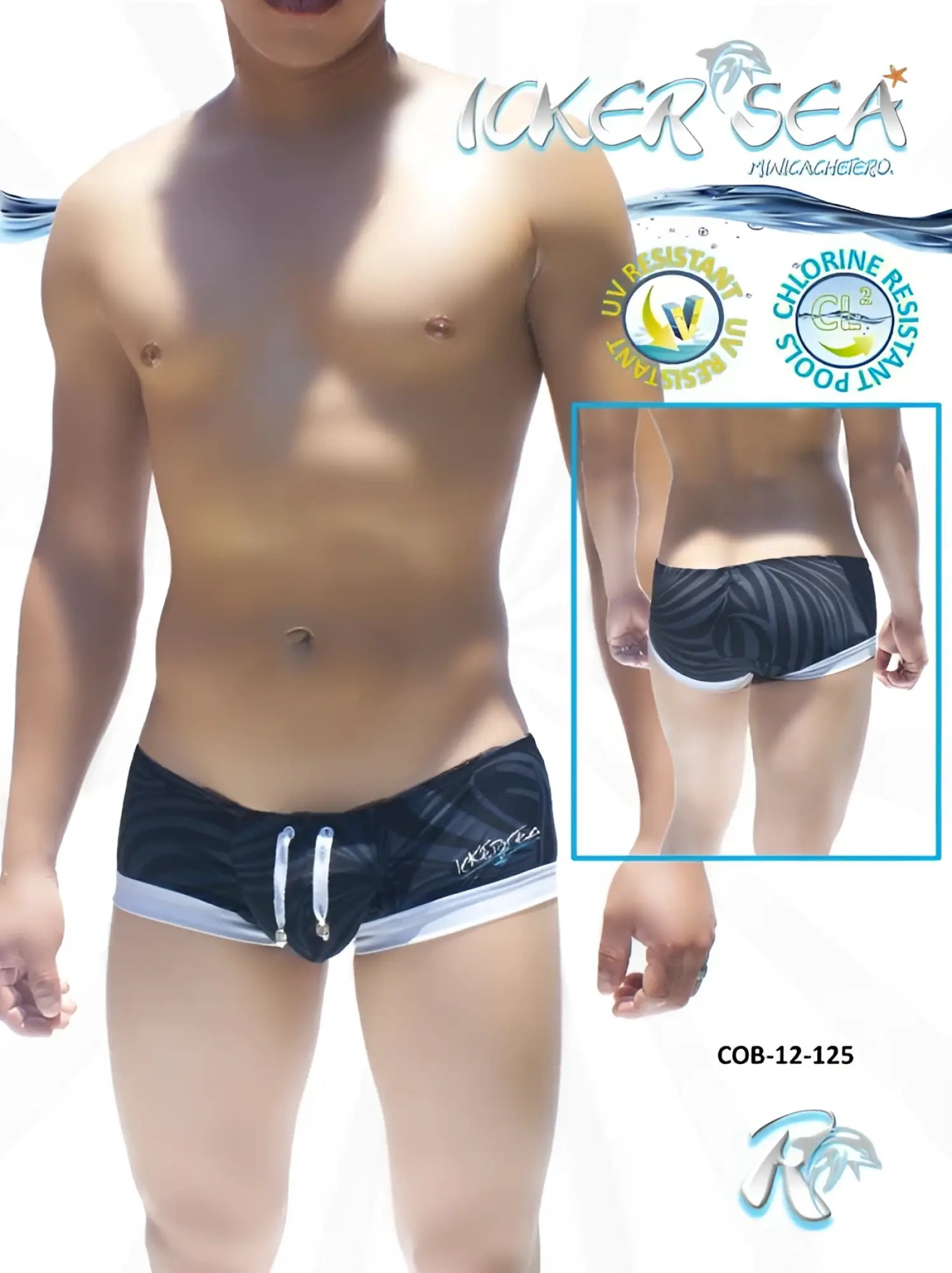 Black and white striped Icker Sea Tropical Mini Low Square Cut trunk swimwear with a sleek modern design