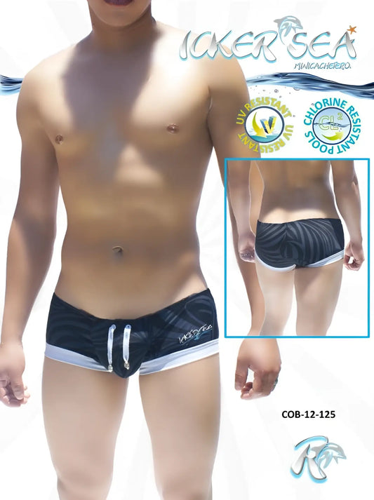 Black and white striped Icker Sea Tropical Mini Low Square Cut trunk swimwear with a sleek modern design