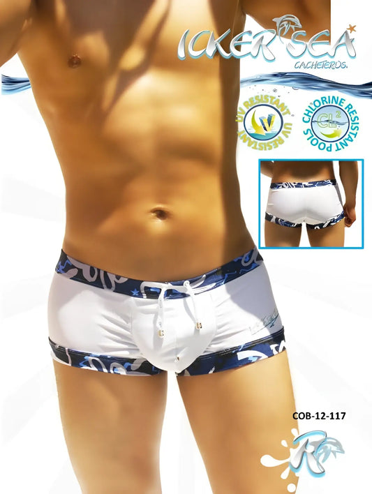 White icker sea usa trim square cut swim trunks with navy blue patterned waistband and leg trim with drawstring closure