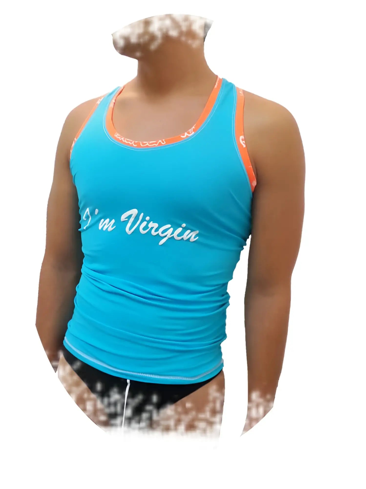 Bright turquoise icker sea virgin tank top t shirt with orange trim and white cursive text on the chest