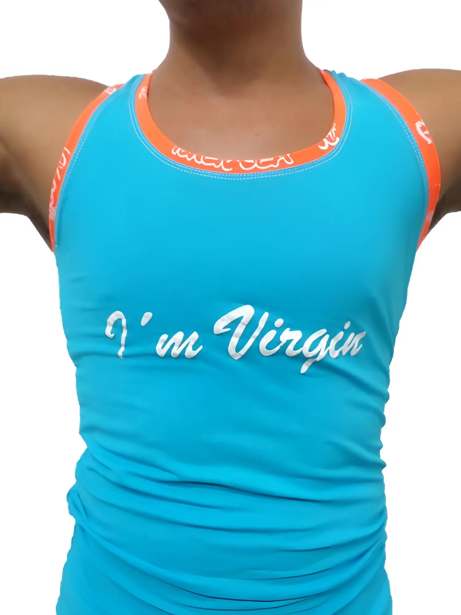 Bright turquoise icker sea virgin tank top t shirt with orange trim and white cursive text across the chest
