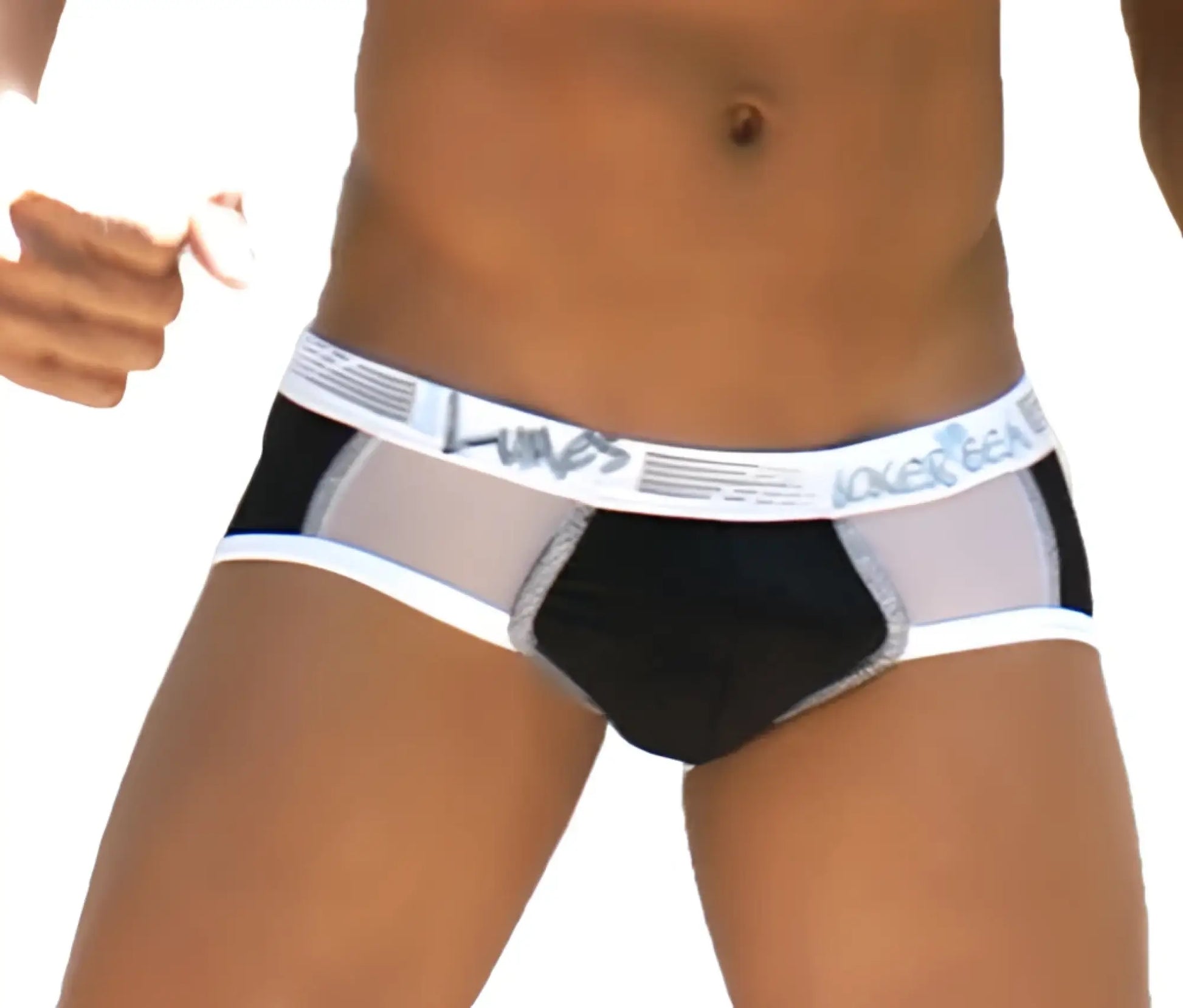 Black and white mesh briefs with contrast panels and icker sea branded waistband wk-13-01 front view