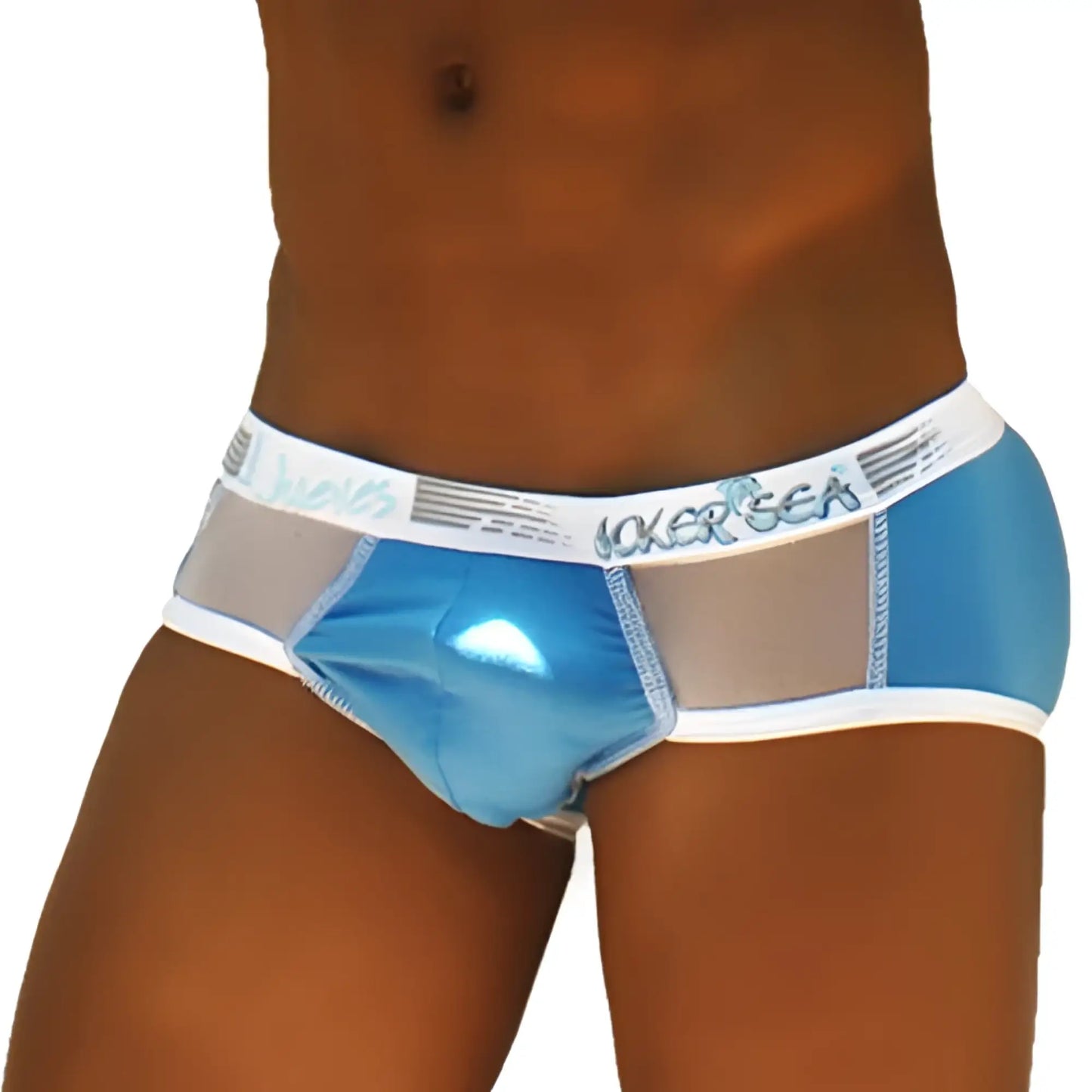 Icker Sea weekly contrast panel brief underwear in blue and white mesh with a shiny blue front panel