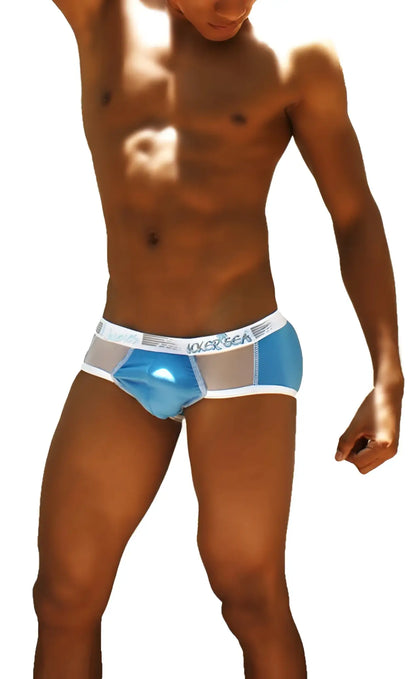 Icker Sea weekly contrast panel brief underwear blue white with shiny translucent blue front panel for men