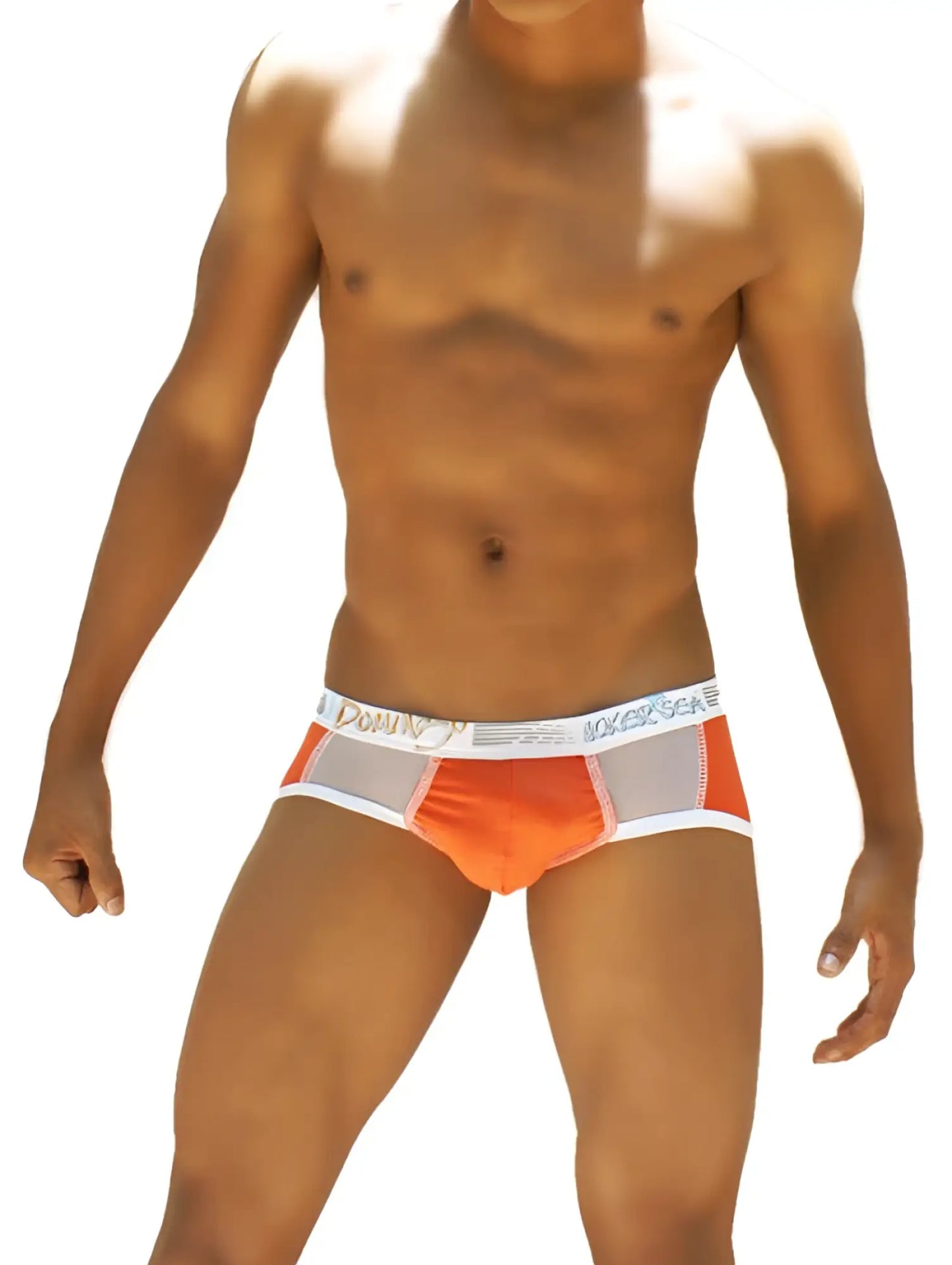 Icker Sea Weekly contrast panel brief underwear in orange and gray with a white waistband featuring down under logo