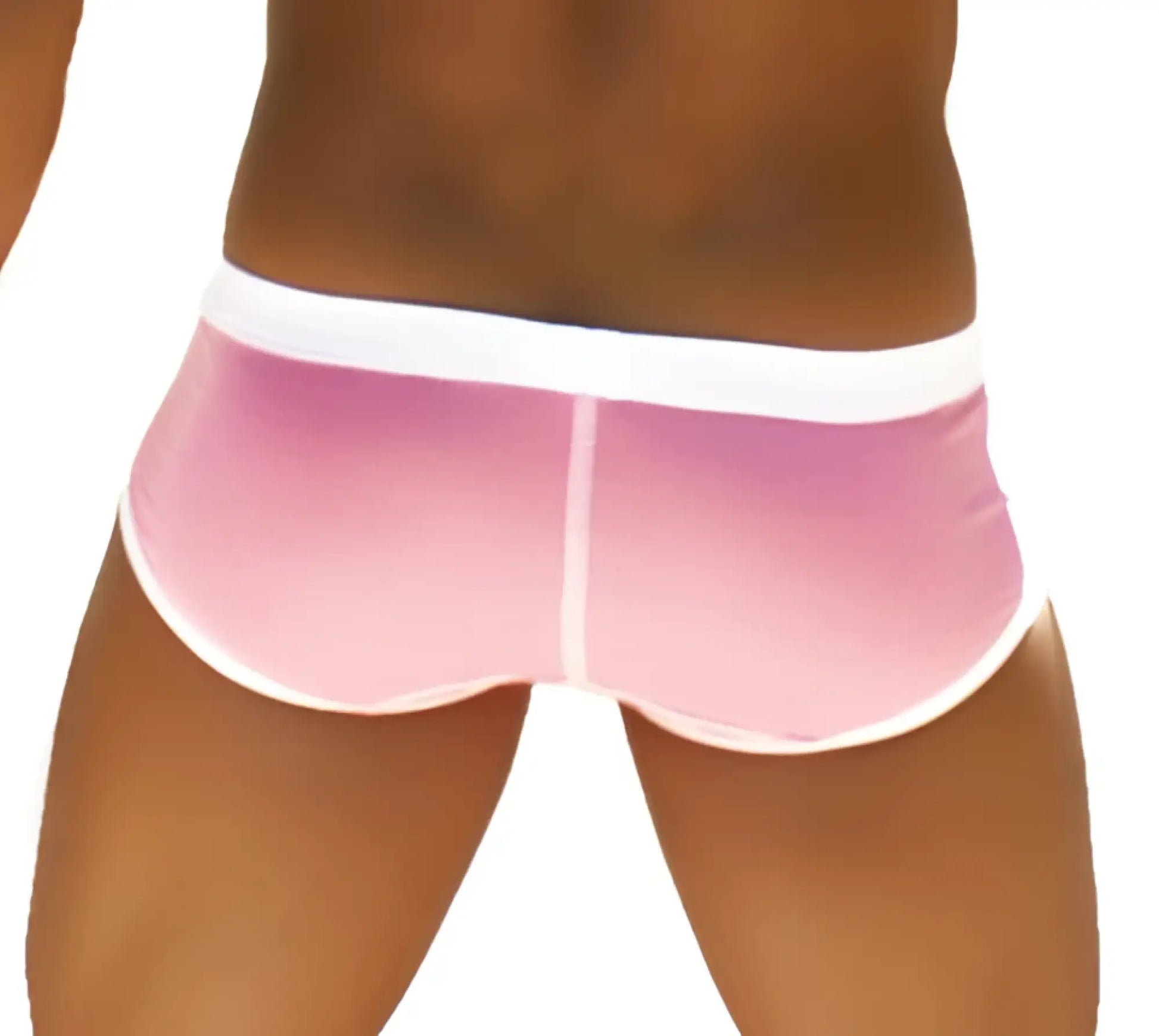 Pink translucent briefs with white trim featuring weekly contrast panel design by icker sea model wk-13-06