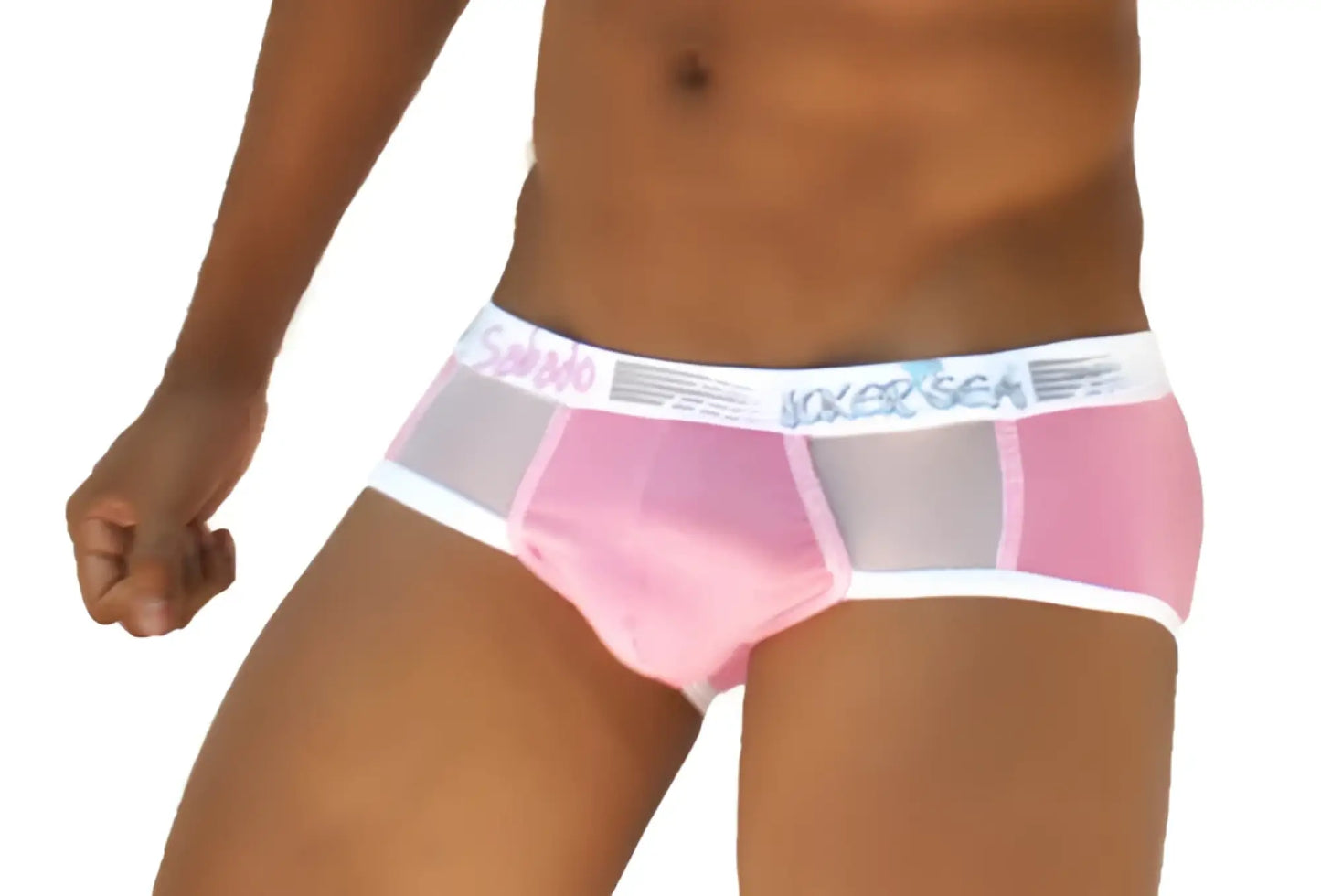 Pink and gray mesh briefs with white elastic waistband featuring vokes sea brand in icker sea weekly contrast panel brief underwear