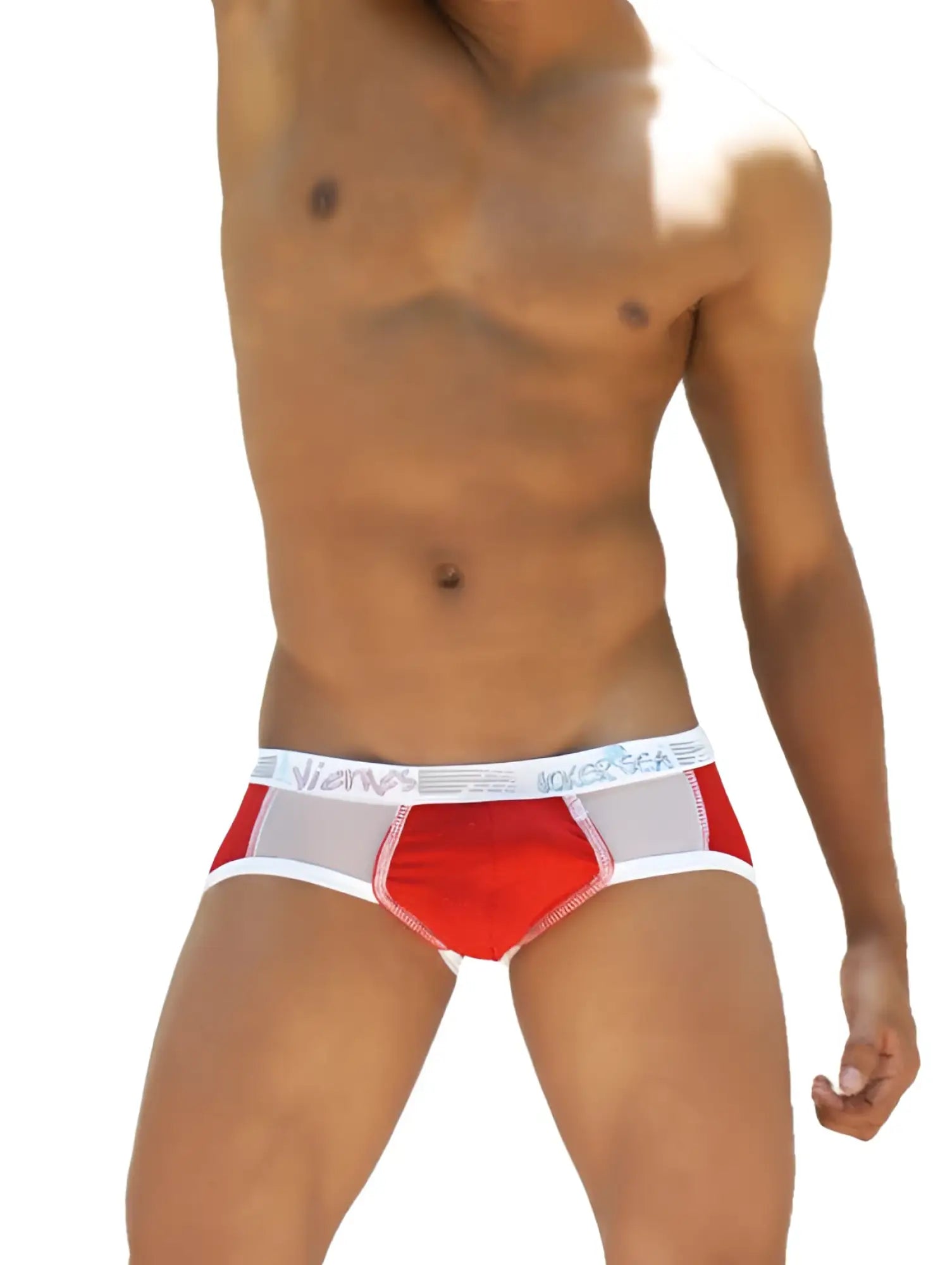 Red and white icker sea weekly contrast panel brief underwear with gray mesh and vivans logo waistband