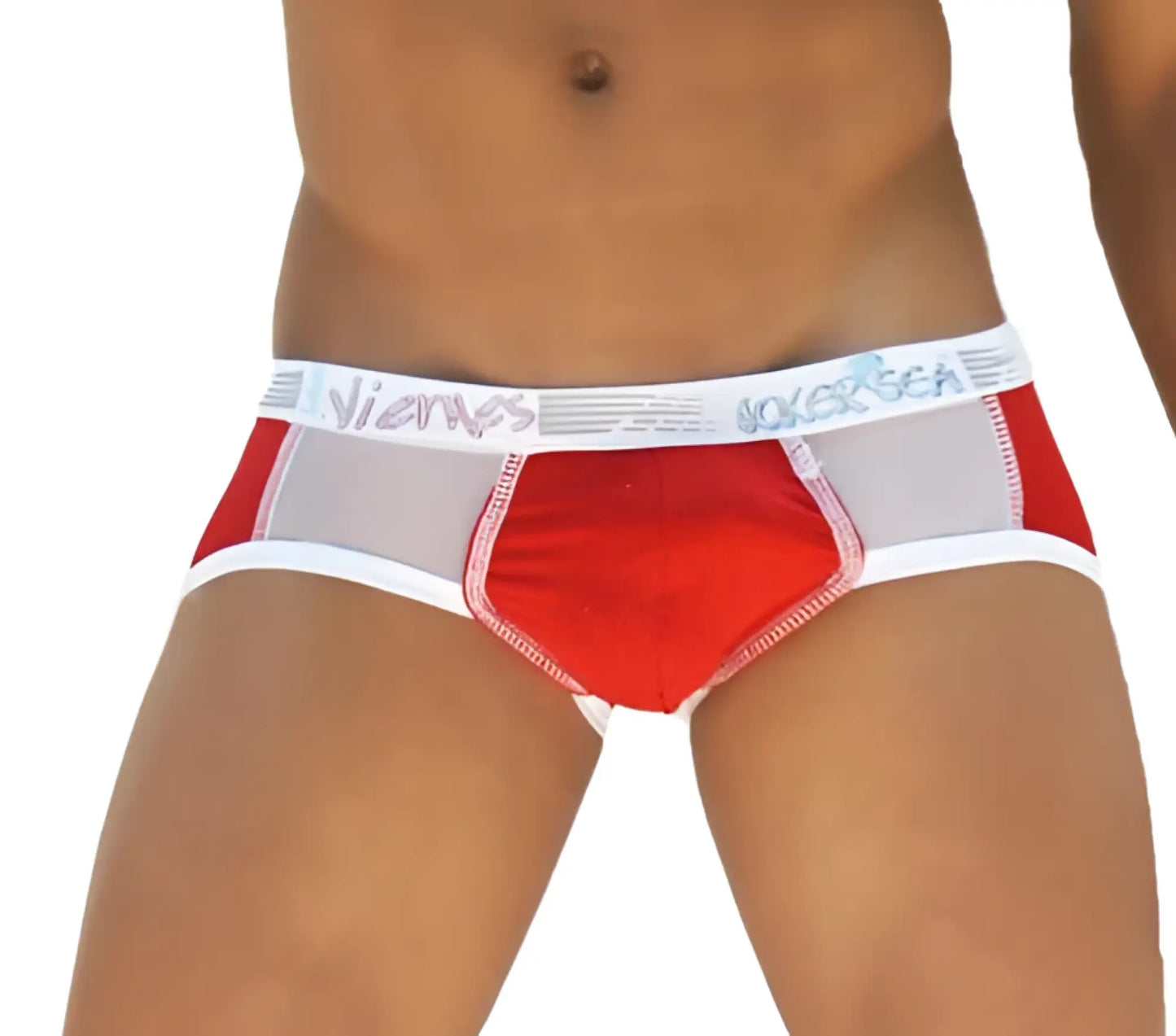 Red and white mesh briefs with contrast panels and branded waistband from icker sea weekly collection wk-13-05
