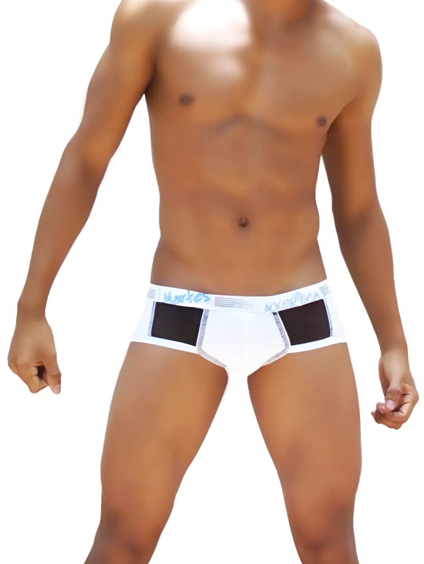 White briefs with black contrast panels and a light blue icker sea logo on the waistband wk-13-02