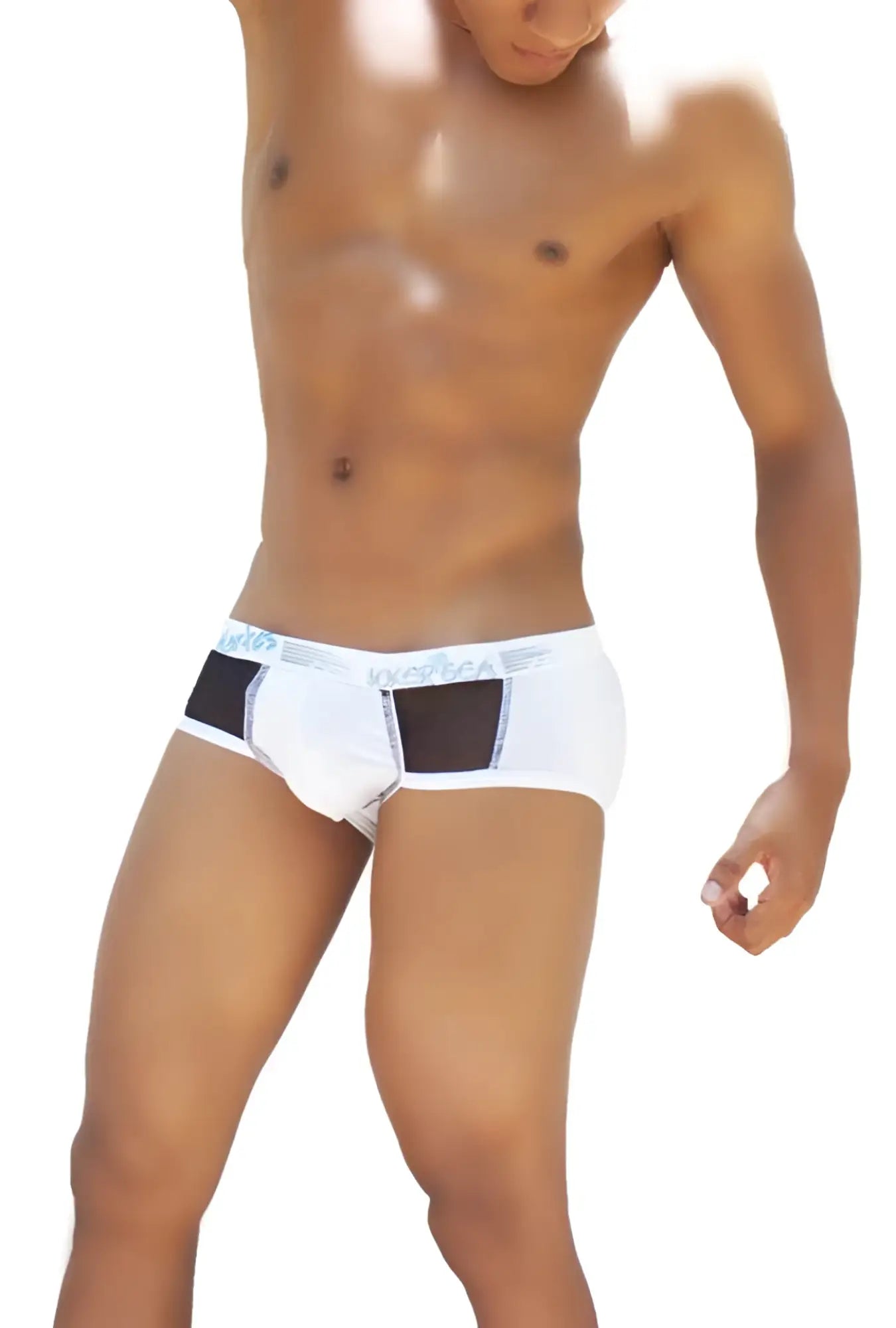 White briefs with black mesh contrast panels and subtle logo trim from icker sea weekly collection