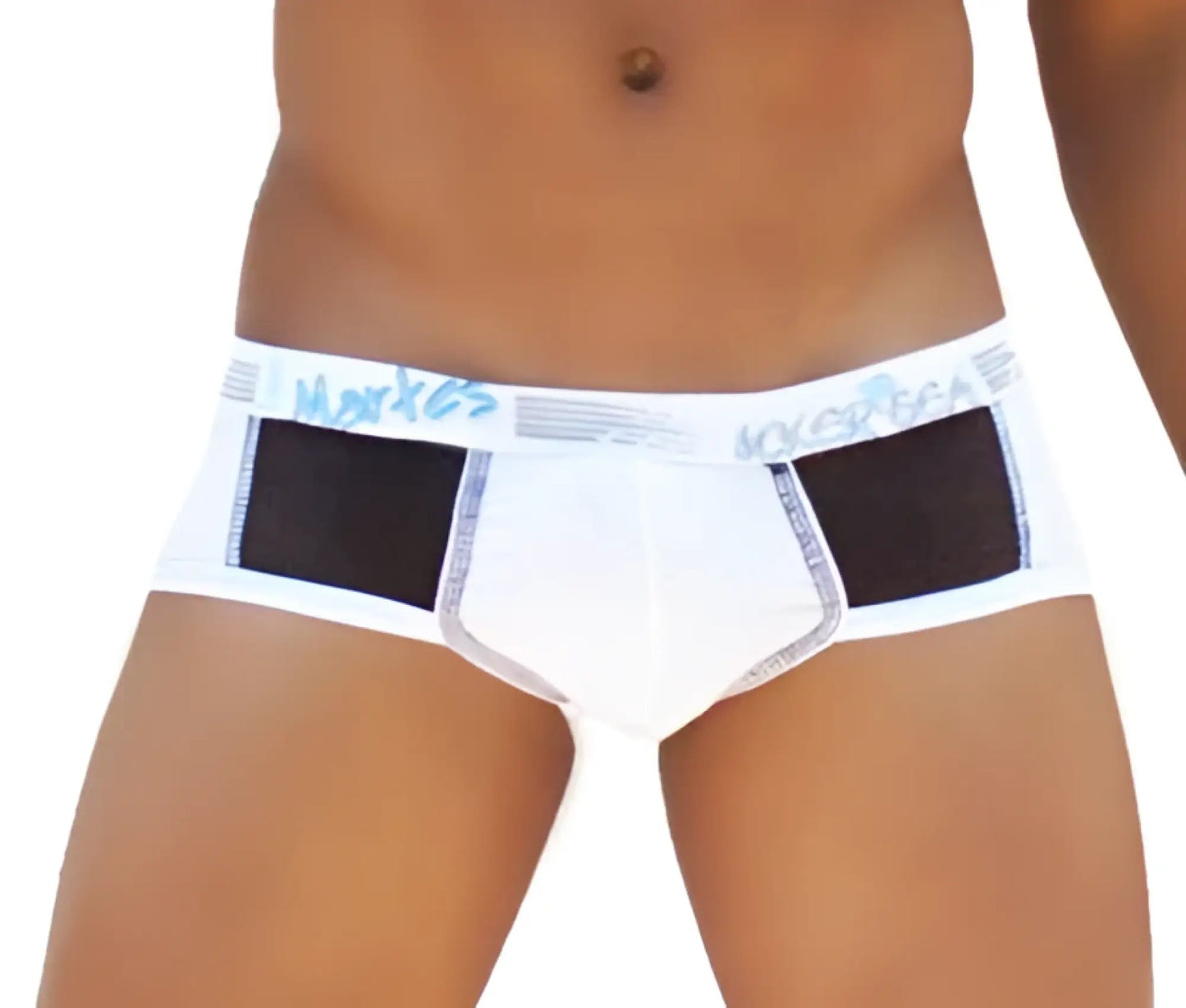 White men’s briefs with black mesh panels and light blue moroccan logo on waistband icker sea weekly contrast panel brief underwear