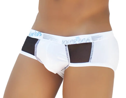 White men’s briefs with black mesh panels and light blue icker sea logo on waistband in weekly contrast panel style