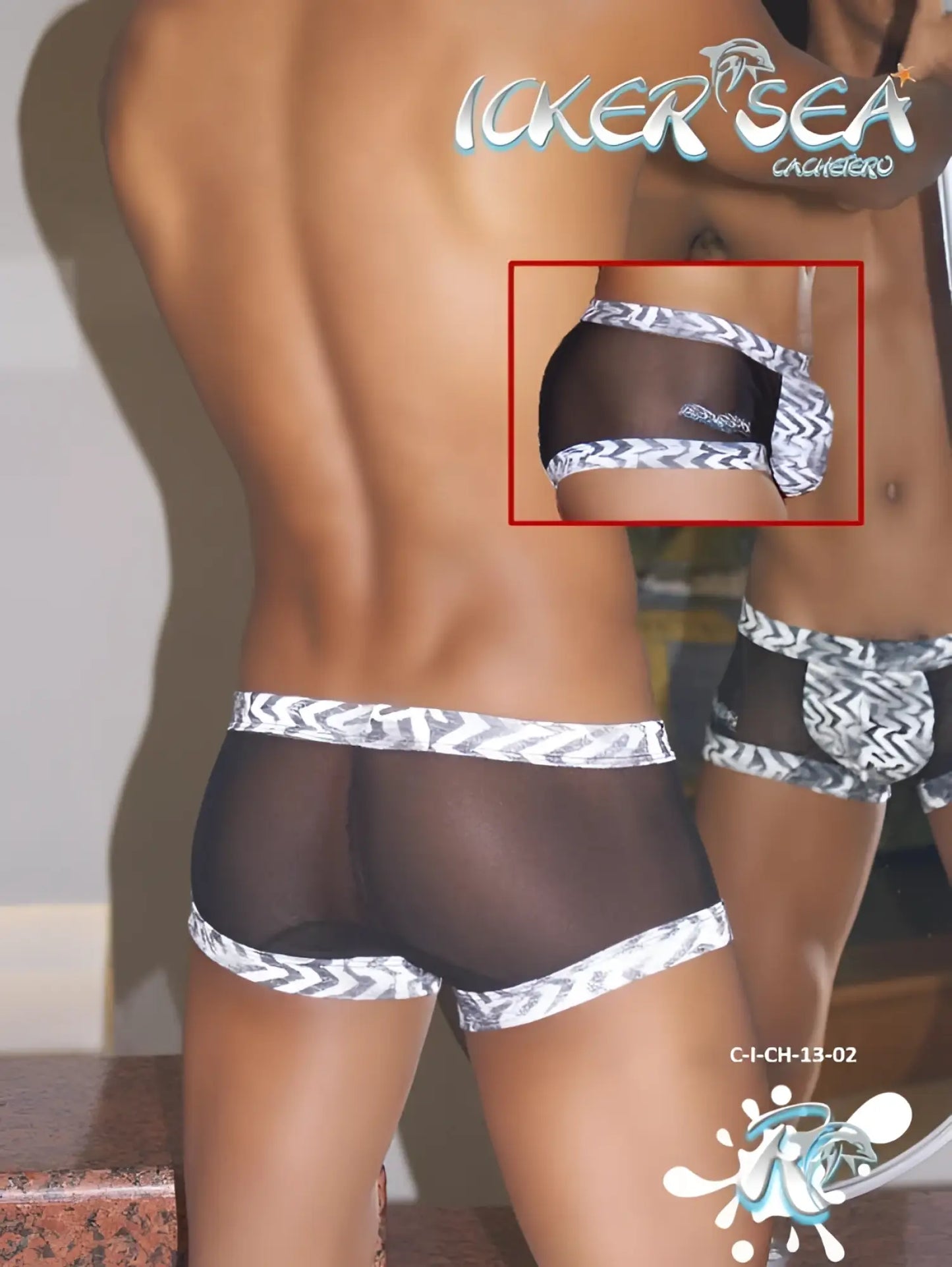 Black sheer men’s briefs with white zigzag trim and small logo side detail in icker sea zebra mesh boxer brief underwear