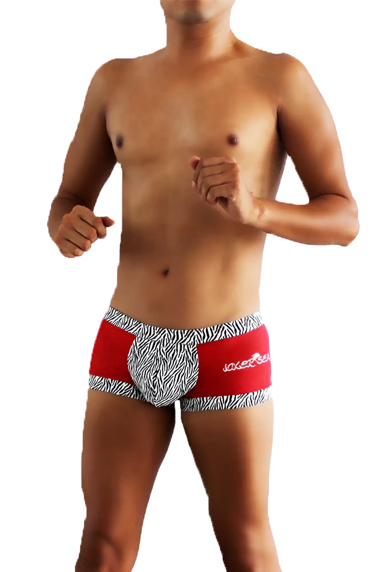 Icker Sea zebra mesh boxer briefs in red and black zebra print with white logo on the side