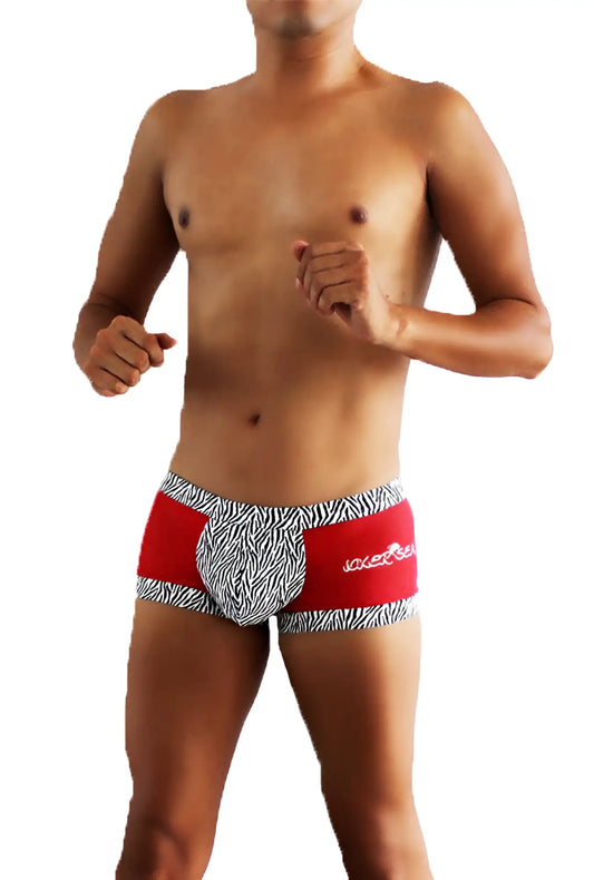 Icker Sea zebra mesh boxer briefs in red and black zebra print with white logo on the side