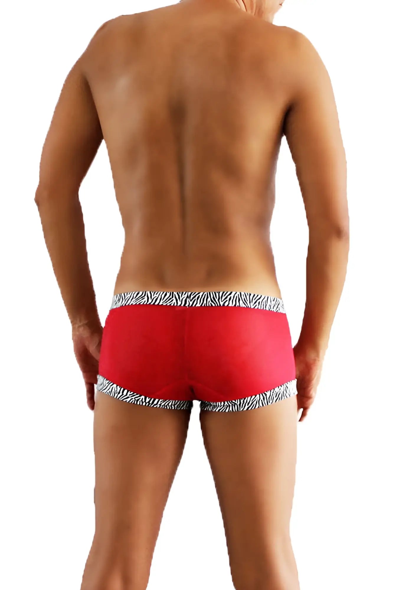 Red icker sea zebra mesh boxer brief underwear with black and white zebra striped trim in red color