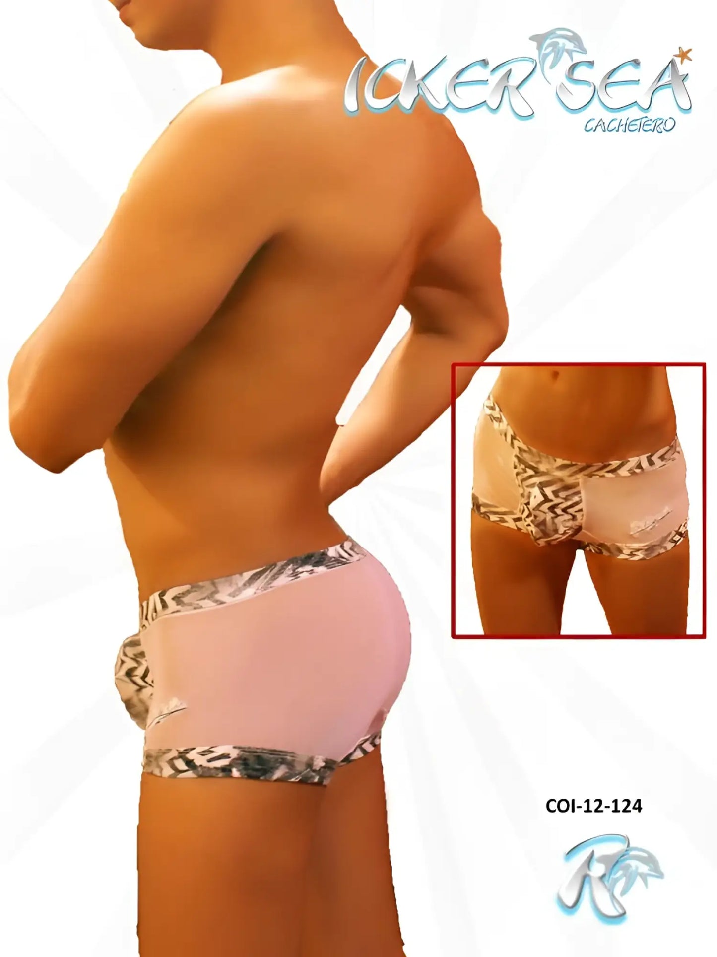 Icker sea zebra mesh pink men’s boxer briefs with black and white geometric waistband and leg openings