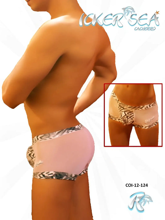 Icker sea zebra mesh pink men’s boxer briefs with black and white geometric waistband and leg openings