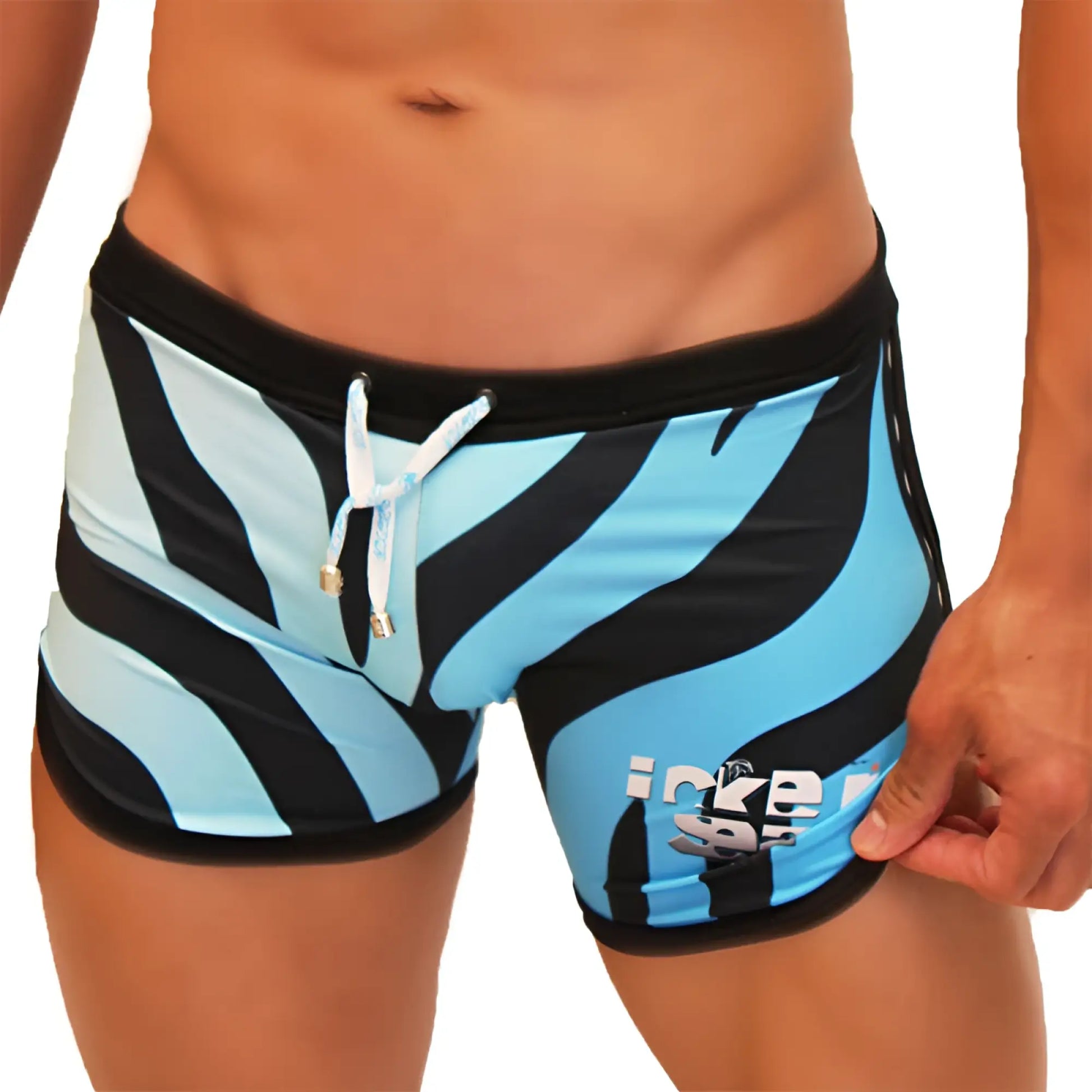 Icker Sea zebra open side suspender scalloped swim shorts in blue and black with white drawstring and gold-tone aglets