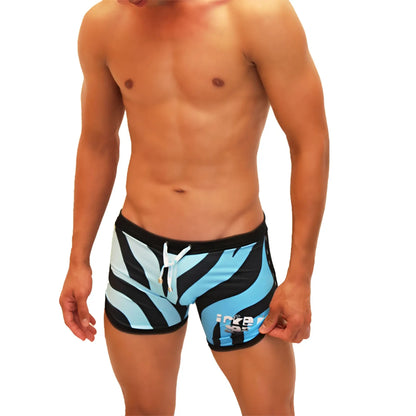 Icker Sea zebra open side suspender scalloped shorts swimwear in blue with black zebra stripes and white drawstring