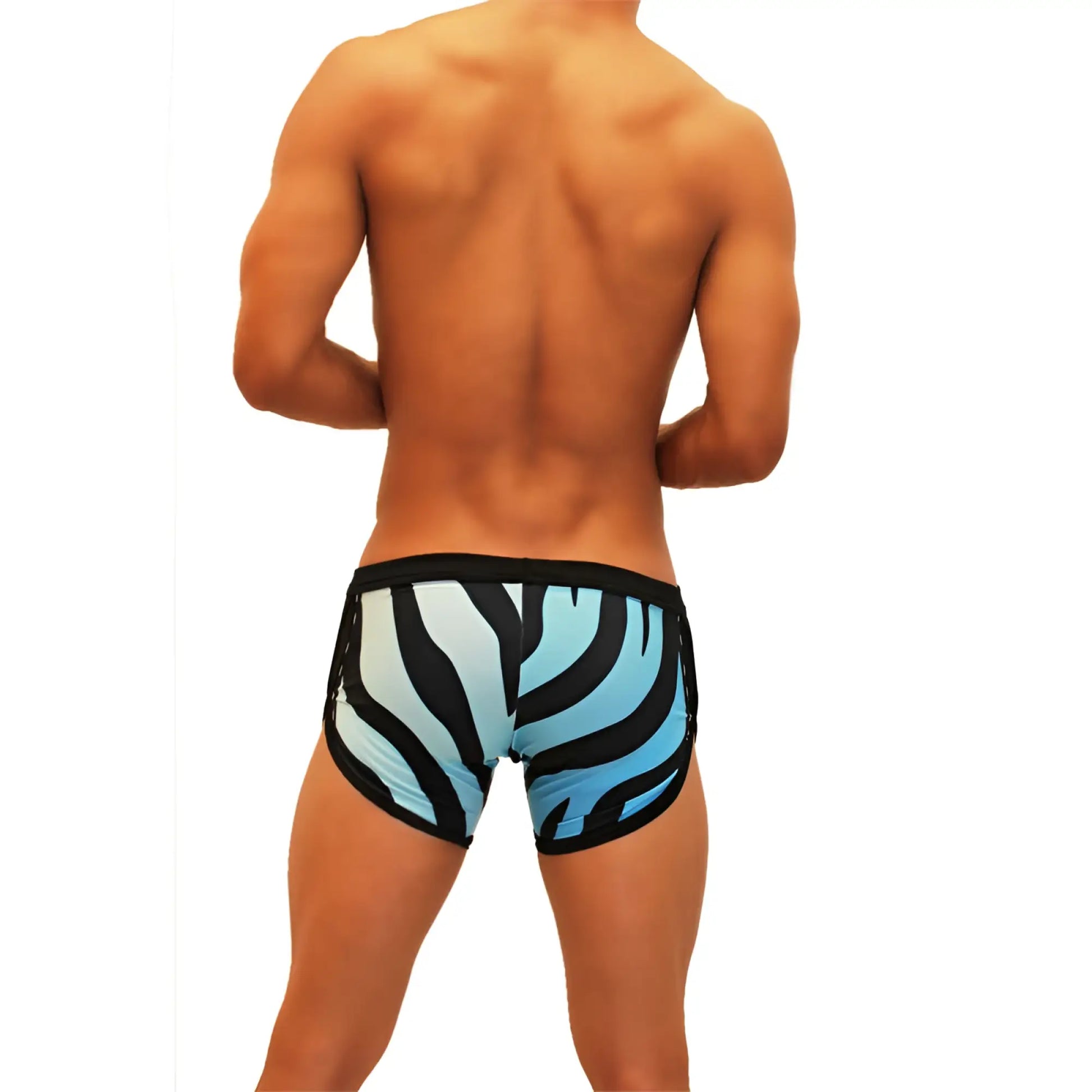 Icker sea zebra open side suspender scalloped shorts swimwear in blue with black zebra stripes and a sleek modern design
