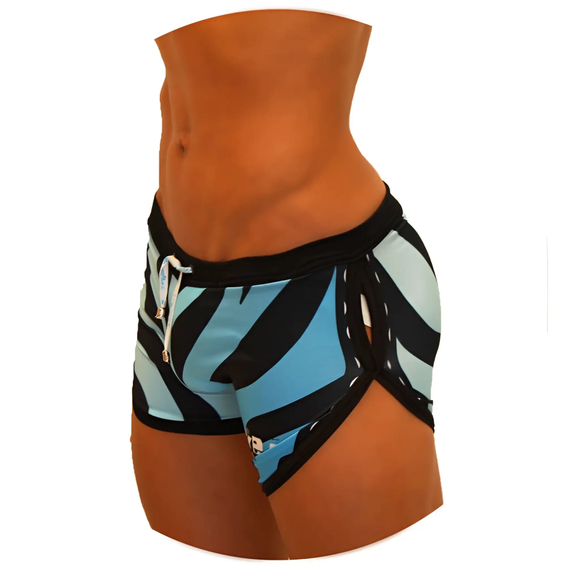 Icker Sea blue and black zebra-striped swim trunks with black elastic waistband for men’s swimwear