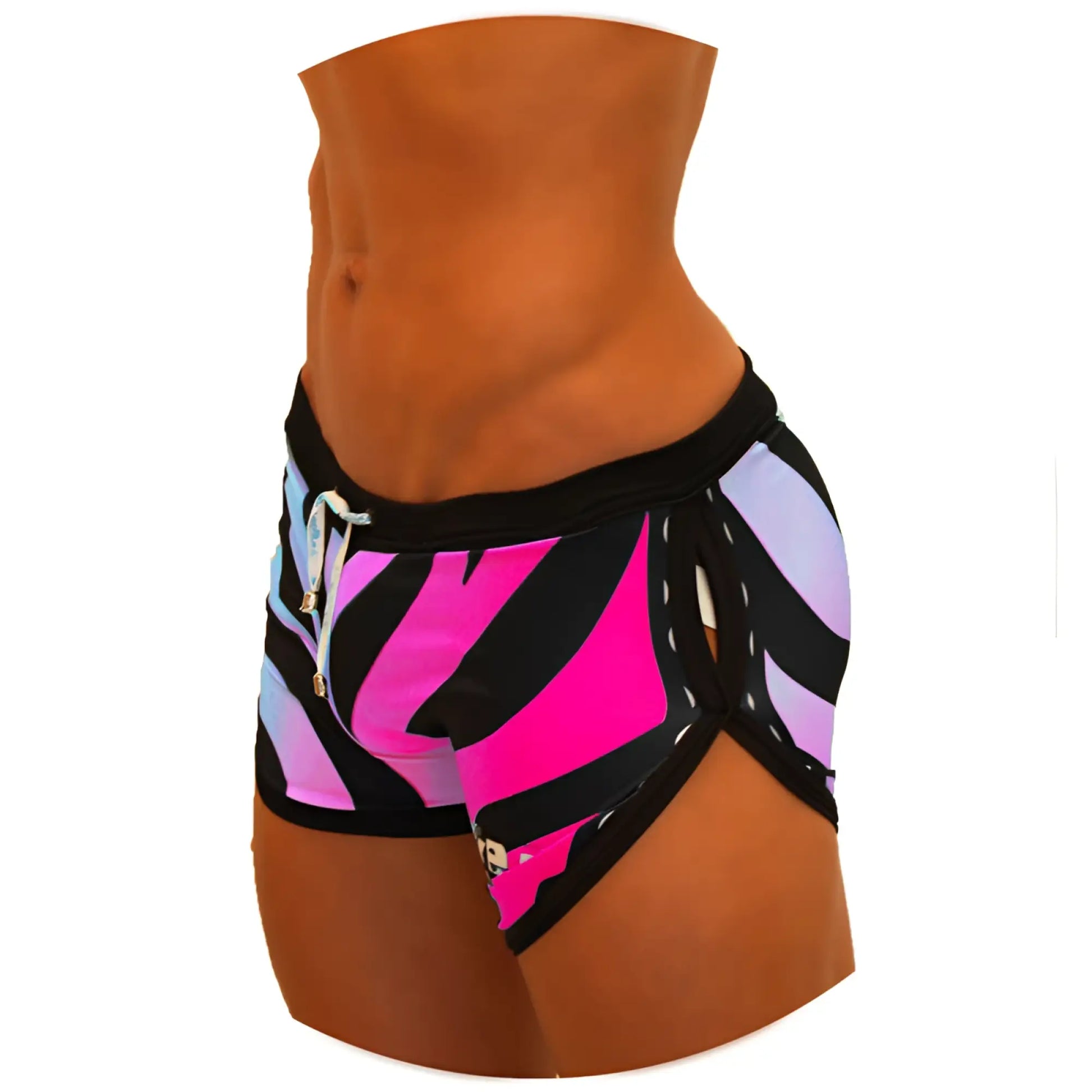 Icker Sea Zebra open side suspender scalloped swim shorts in vibrant pink and black zebra stripes with lavender accents