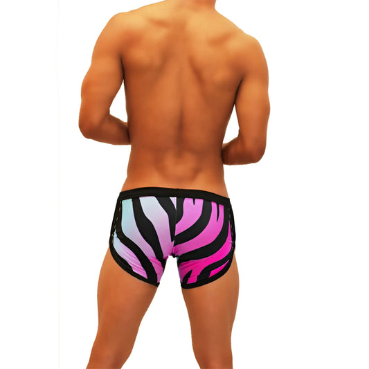 Vibrant pink and black zebra-striped icker sea zebra open side suspender scalloped swim shorts with sleek design