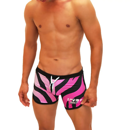 Icker Sea zebra open side suspender scalloped shorts swimwear in vibrant pink and black zebra print with white drawstring
