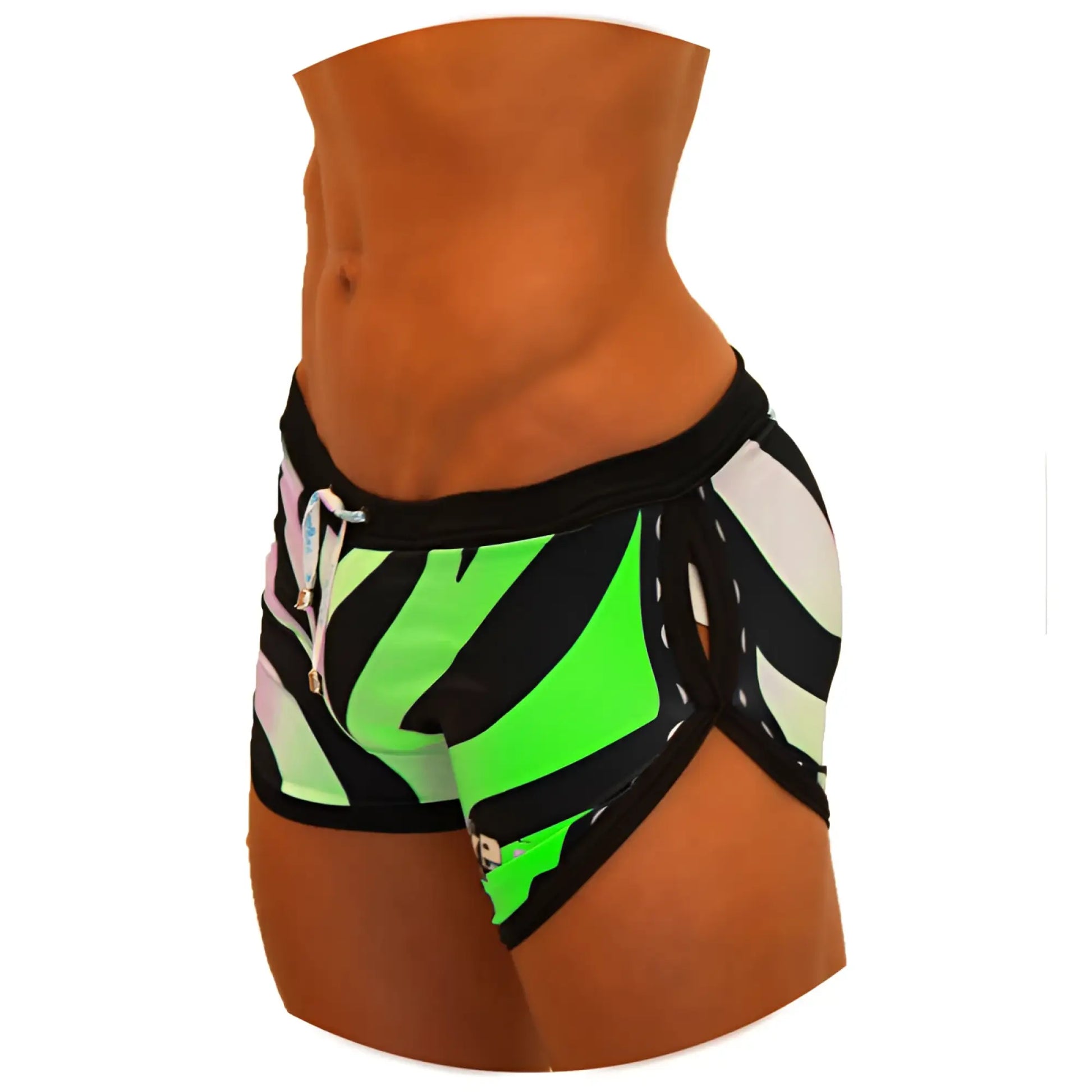 Vibrant neon green and black zebra-striped icker sea zebra open side suspender scalloped shorts swimwear with pink accents