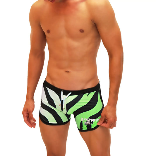 Vibrant neon green and black zebra-striped icker sea zebra open side suspender scalloped shorts swimwear with white drawstring