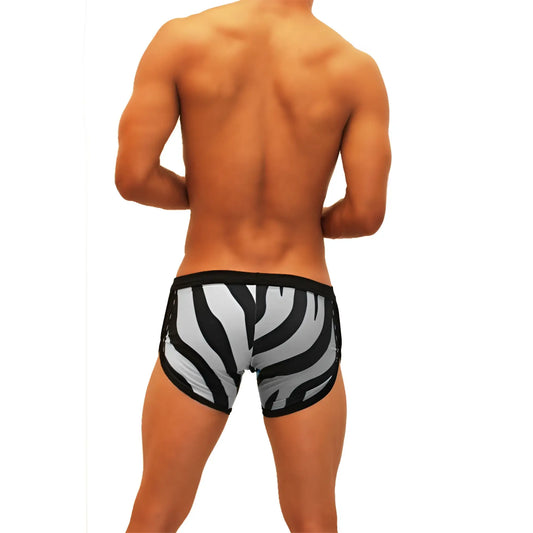 Icker Sea zebra open side suspender scalloped shorts swimwear in black and white zebra print with a snug fit