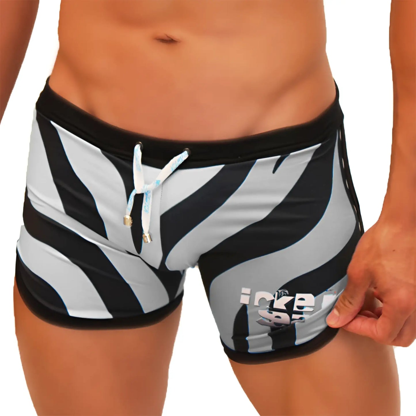 Icker sea zebra open side suspender scalloped shorts swimwear in black and white zebra print with light blue drawstrings
