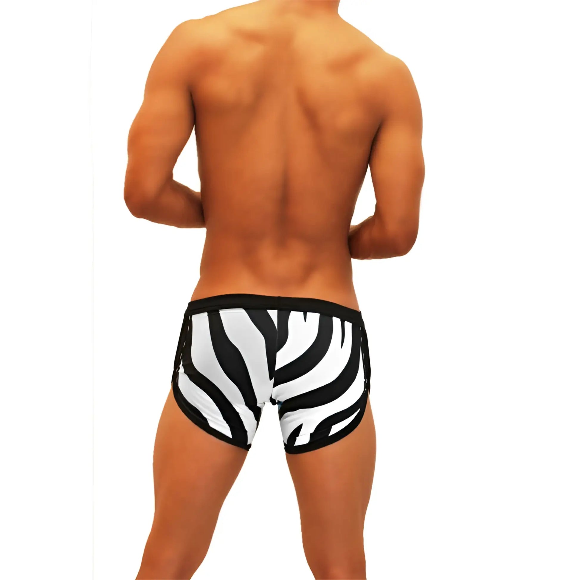 Icker Sea zebra open side suspender scalloped shorts swimwear in black and white zebra-striped sleek fitted design