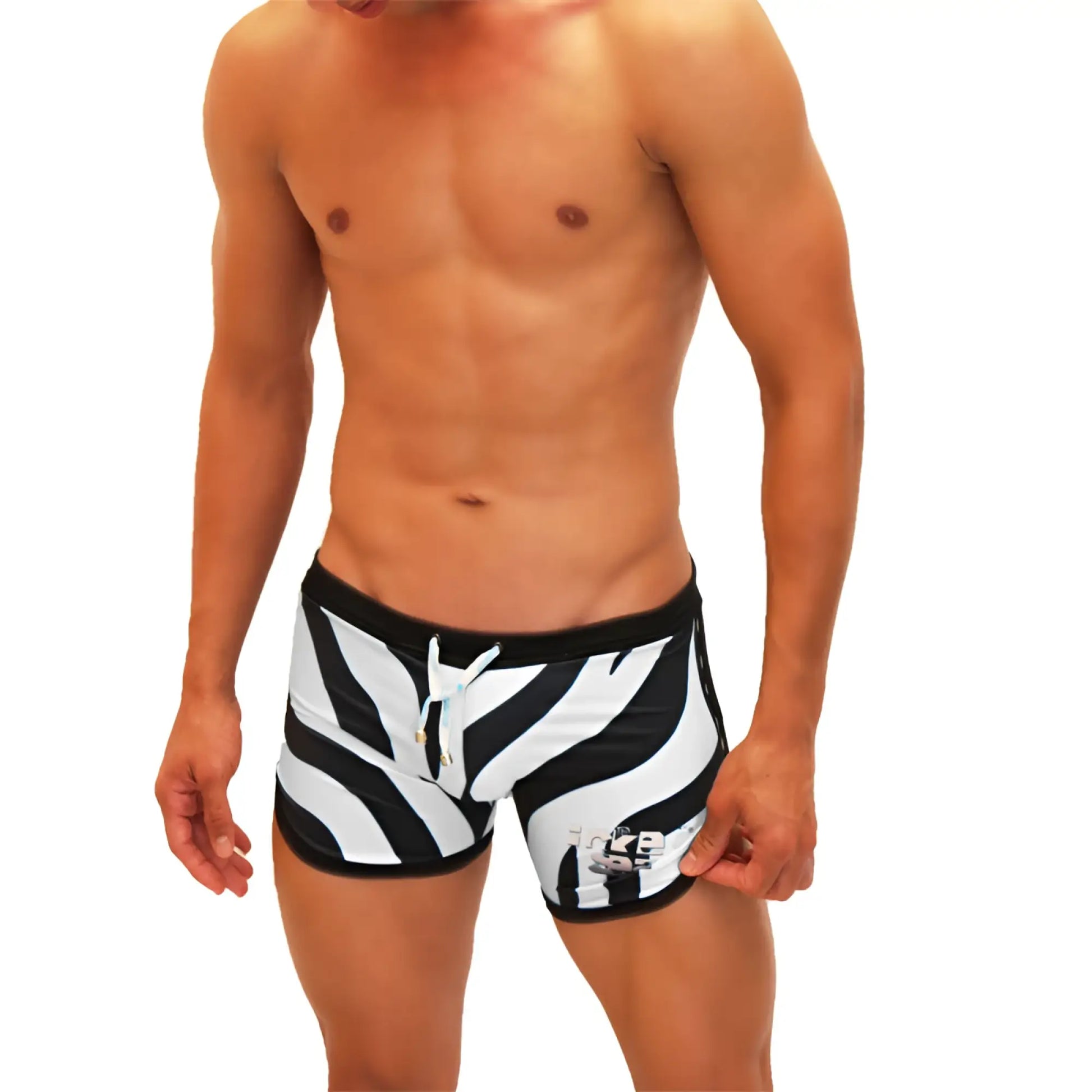 Icker Sea Zebra open side suspender scalloped swim trunks with zebra stripes black waistband and light blue drawstring