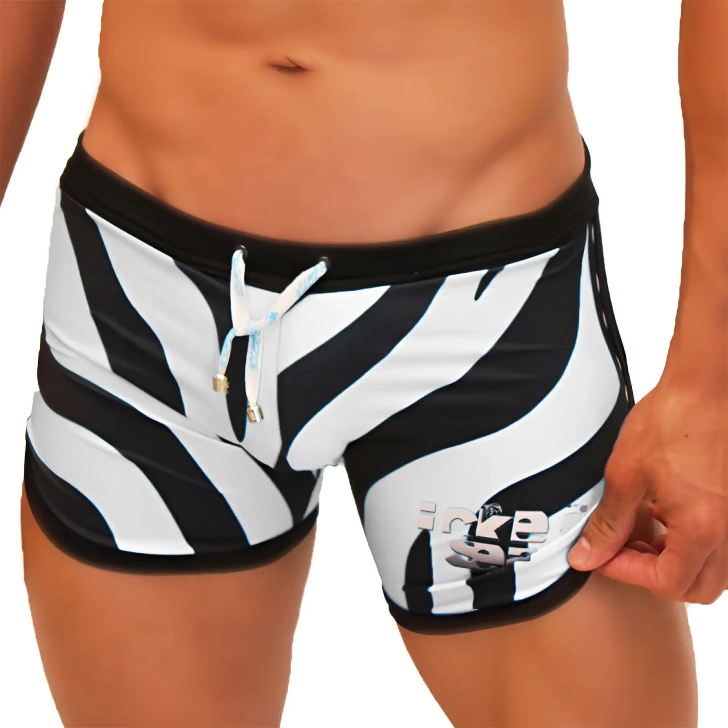 Icker sea zebra open side suspender scalloped shorts swimwear with black and white zebra stripes and light blue drawstrings