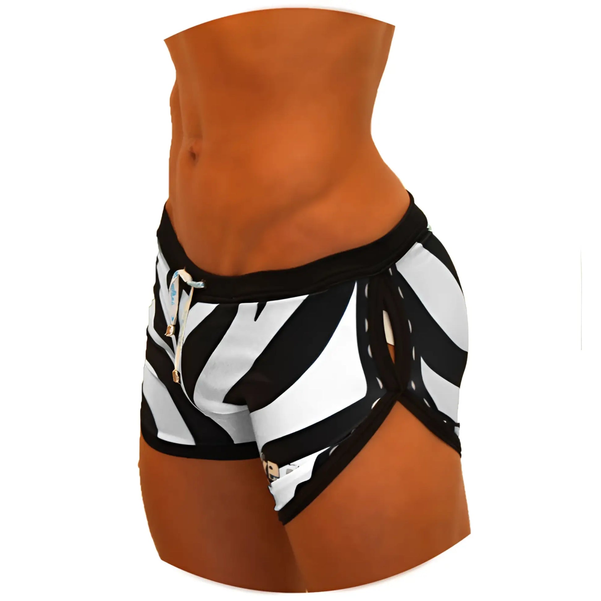 Icker Sea zebra open side suspender scalloped shorts swimwear in black and white zebra stripes with black elastic waistband