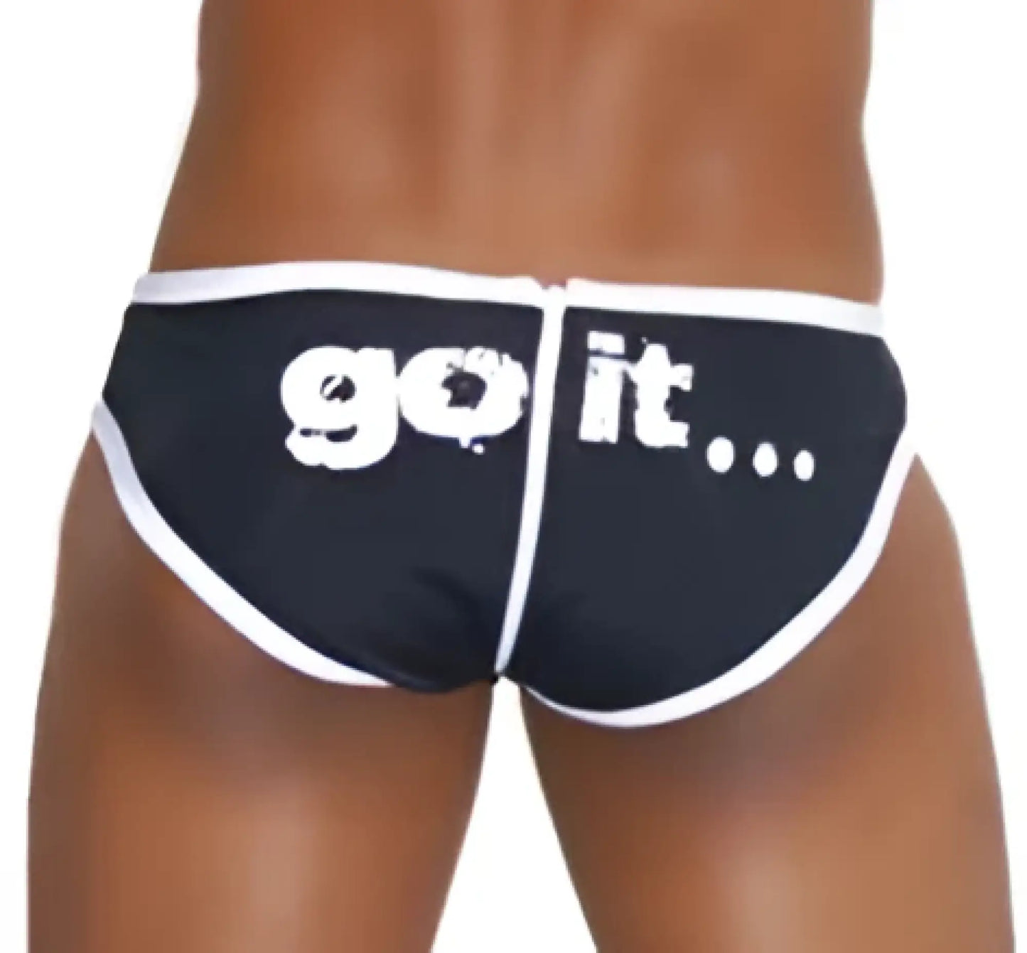 Black icker sea zipper back pas slip bikini swimwear with white go it text and trim shown from the back side