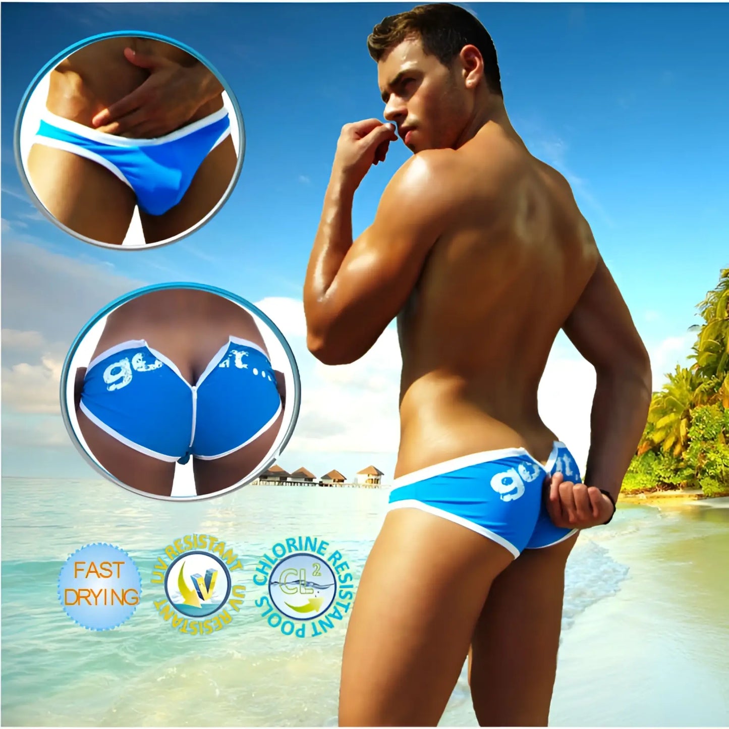 Bright blue icker sea zipper back PAS slip bikini swimwear with white trim and subtle ge logo on the side