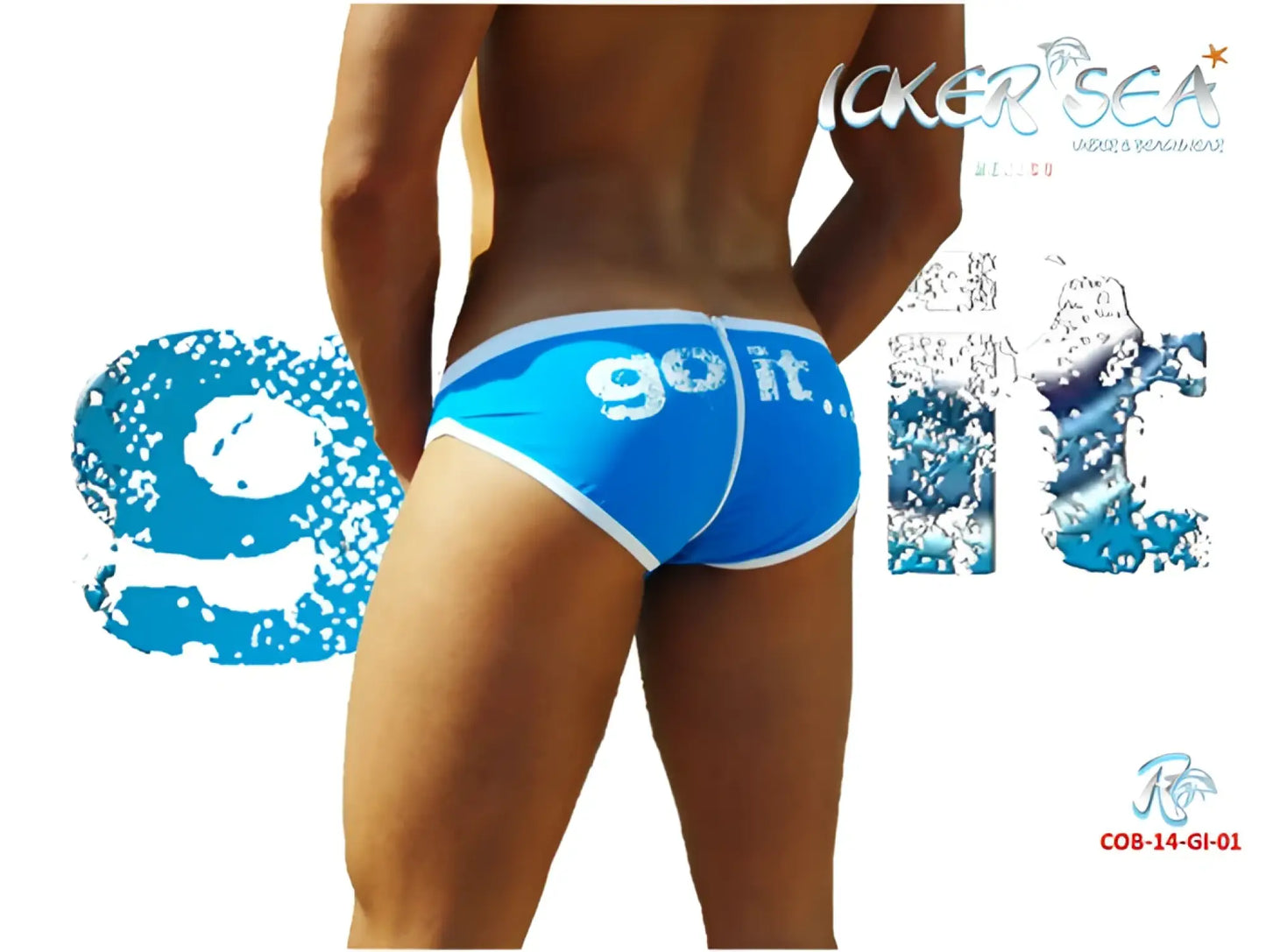Blue icker sea zipper back pas slip bikini swimwear featuring white trim and go it printed on blue swim trunks back side