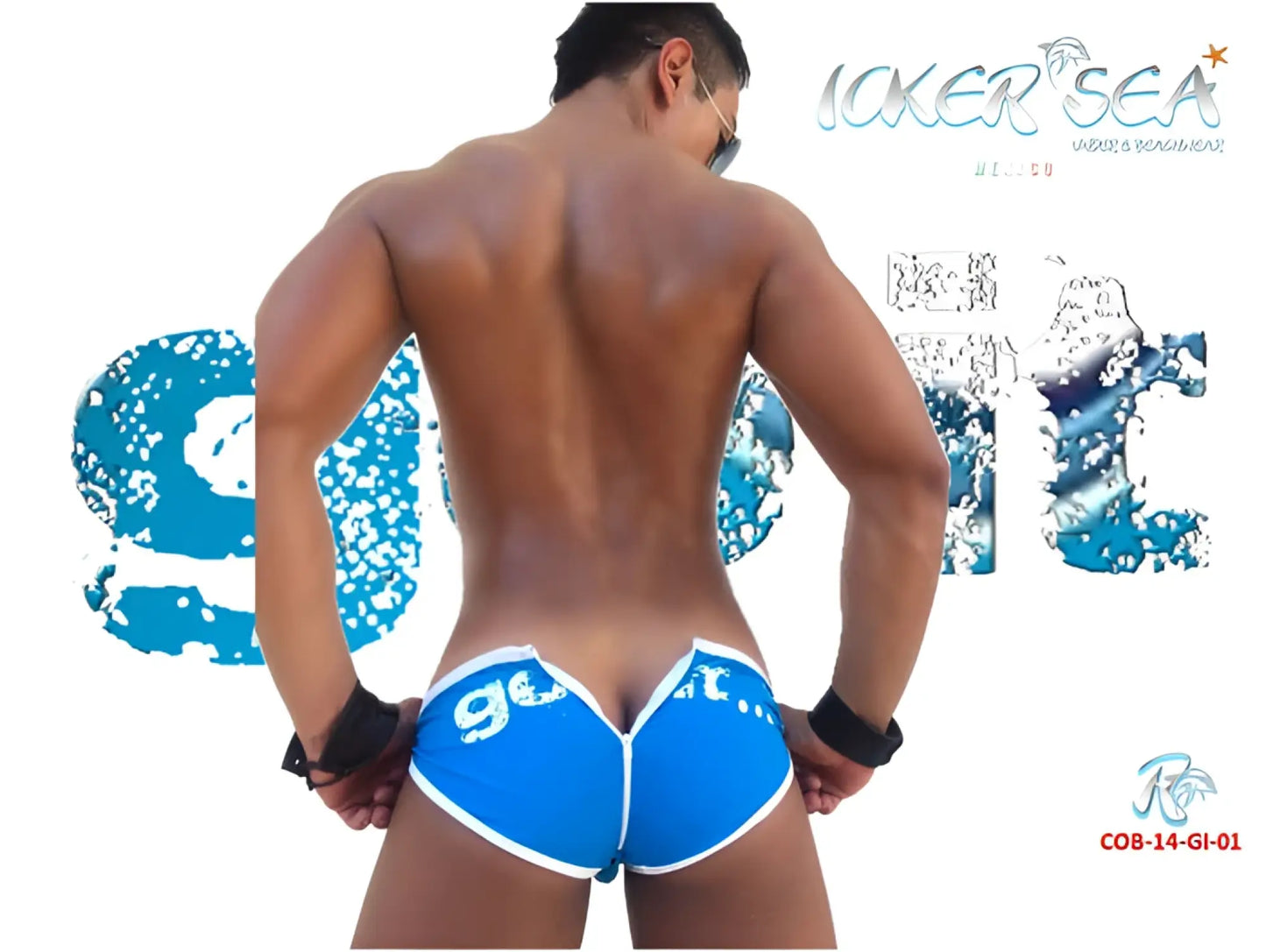 Back view of icker sea zipper back pas slip bikini swimwear in blue with white trim and playful ge graphic on swim trunks