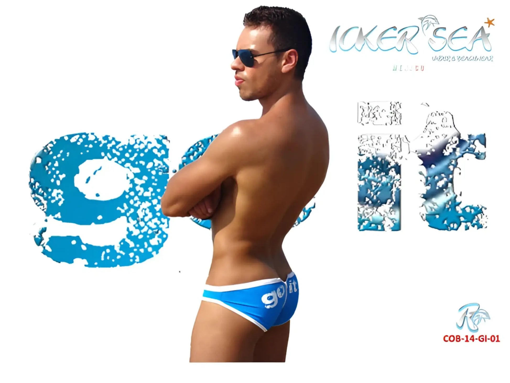 Blue and white icker sea zipper back PAS slip bikini swimwear with go fit print on front in COB-14-GI01 design