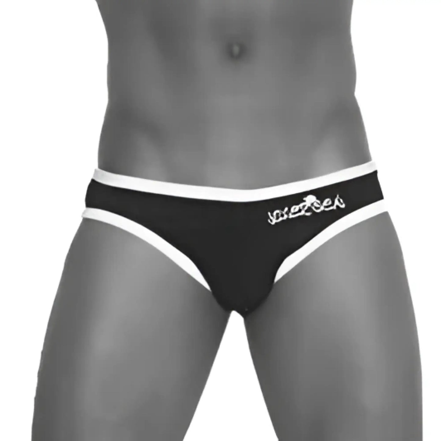 Black and white striped briefs with logo waistband shown from back in icker sea zipper back pas slip bikini swimwear green cob-13-21